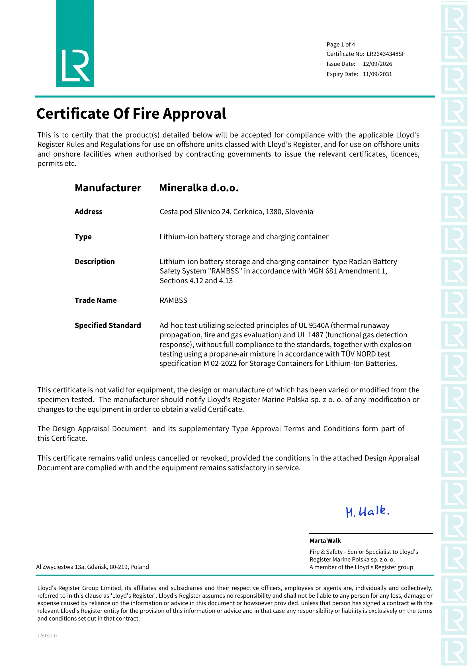 Lloyd's Register Certificate of Fire Approval No. LR26434348SF for RAMBSS, full size
